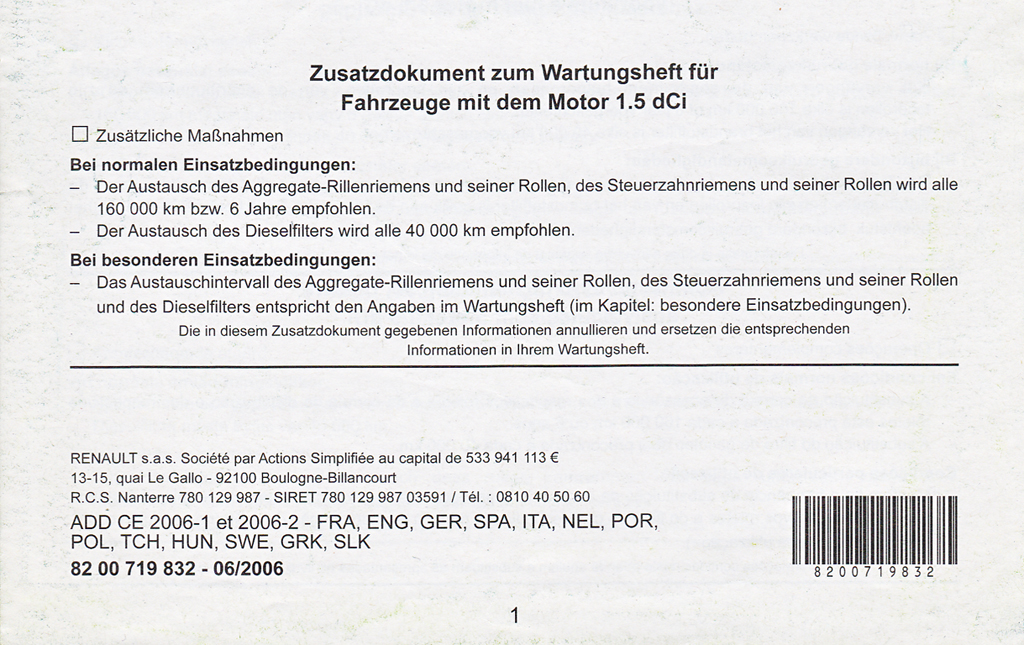 Zahnriemenintervall 1,5 dCI 2007